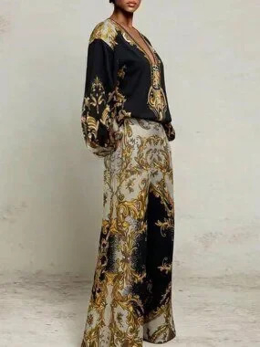 Black Elegant Women's V Neck Pocket Regular Fit Long Sleeve Top And Pants Set